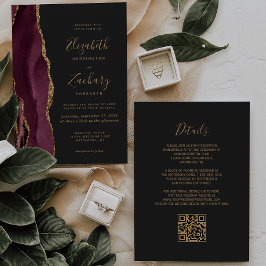 Convites Casamento Código QR Ágata Dourada Borgonha Escura