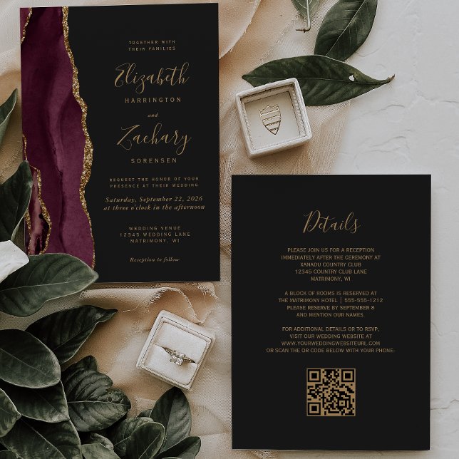 Convites Casamento Código QR Ágata Dourada Borgonha Escura (Criador carregado)