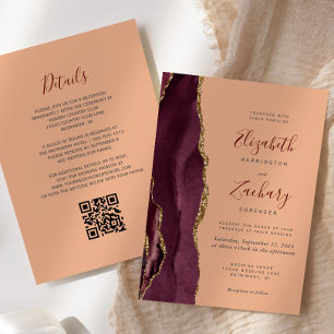 Convites Casamento Código QR Ágata Dourada de Borgonha e Pê