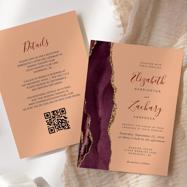 Convites Casamento Código QR Ágata Dourada de Borgonha e Pê (Criador carregado)