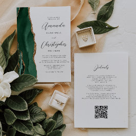 Convites Casamento Código QR Ágata Dourada Esmeralda Verde