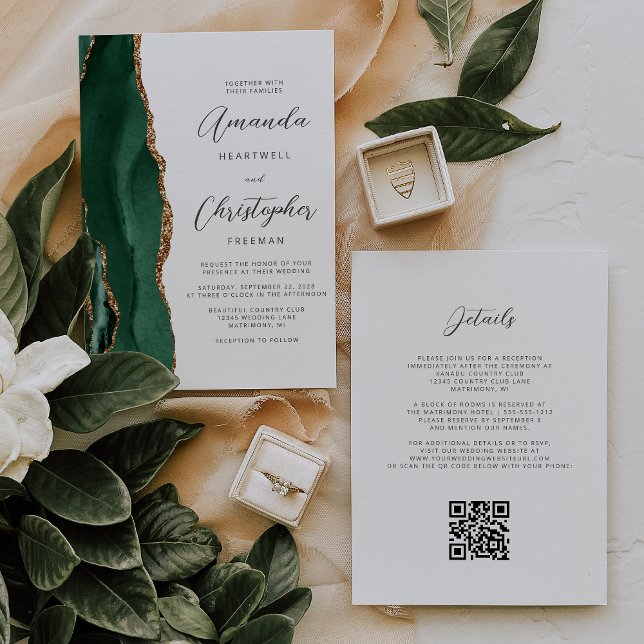 Convites Casamento Código QR Ágata Dourada Esmeralda Verde (Criador carregado)