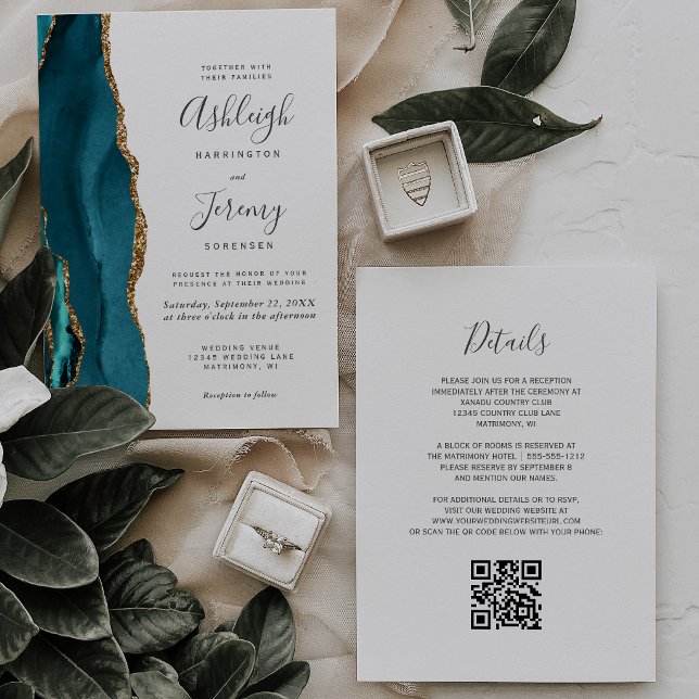 Convites Casamento Código QR Ágata Dourada Verde (Criador carregado)