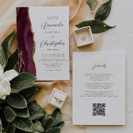 Convites Casamento Código QR Ágata Dourada Vermelha Borgonh