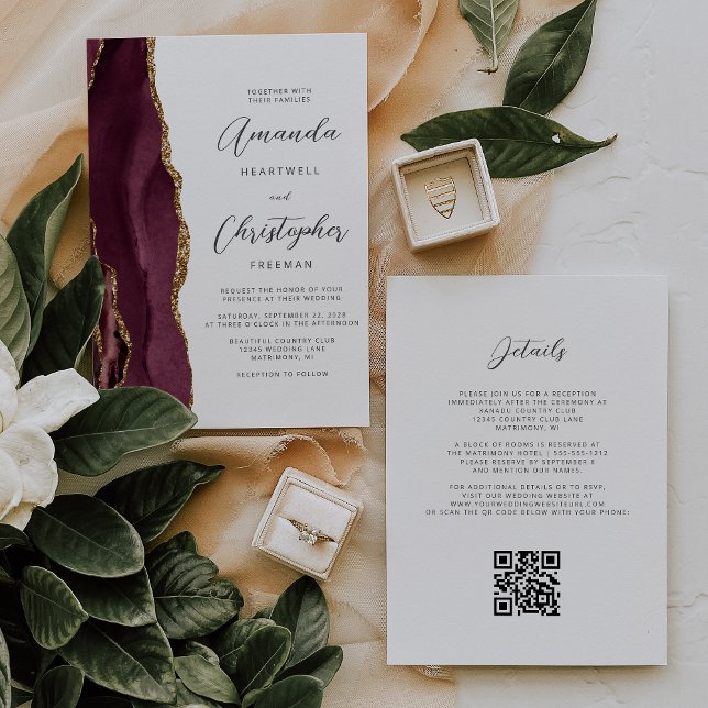 Convites Casamento Código QR Ágata Dourada Vermelha Borgonh (Criador carregado)