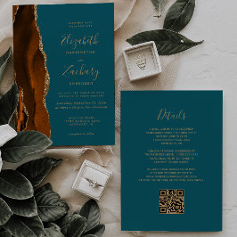 Convites Casamento Código QR Ágata Dourado Laranja Queimada