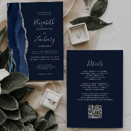 Convites Casamento Código QR Ágata Prata Azul-Marinho Moder