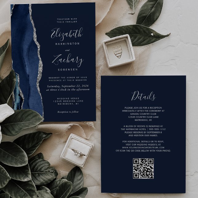 Convites Casamento Código QR Ágata Prata Azul-Marinho Moder (Criador carregado)