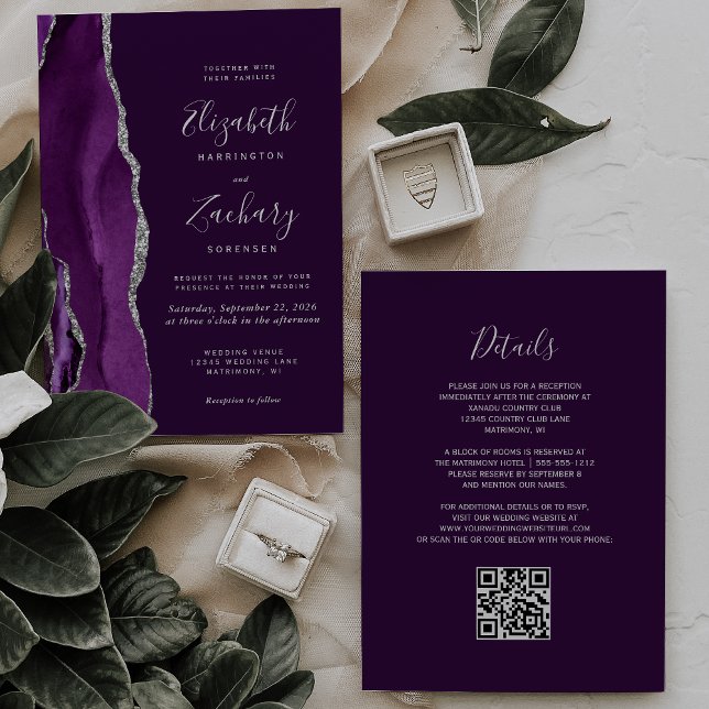 Convites Casamento Código QR Ágata Prata Deep Purple (Criador carregado)