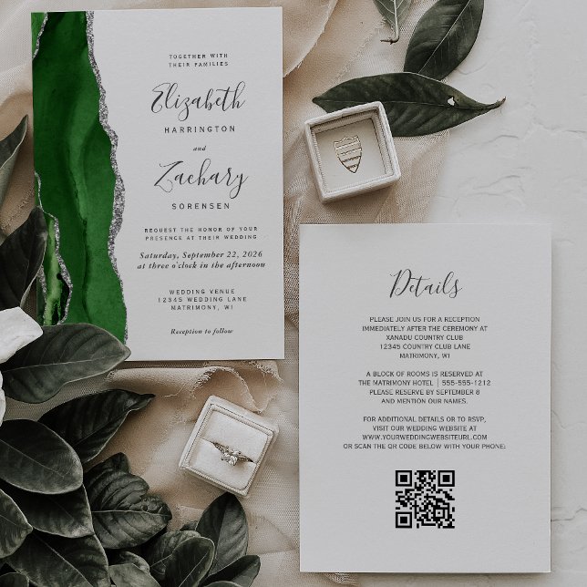 Convites Casamento Código QR Ágata Verde Caçador Prata (Criador carregado)