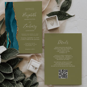 Convites Casamento Código QR Ágata Verde Oliva Dourado Teal
