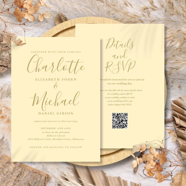 Convites Casamento Código QR Amarelo e Dourado Buttercup (Buttercup Yellow and Gold QR Code Wedding Invitation)