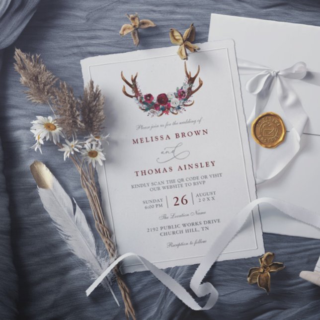 Convites Casamento Código QR Antílope Floral Borgonha Român (Criador carregado)