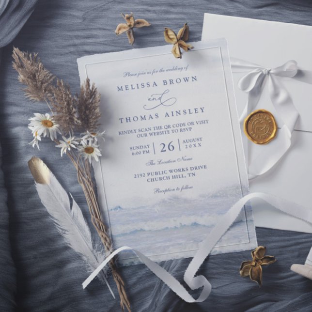 Convites Casamento Código QR Aquarela Azul Ondas Oceânicas  (Criador carregado)