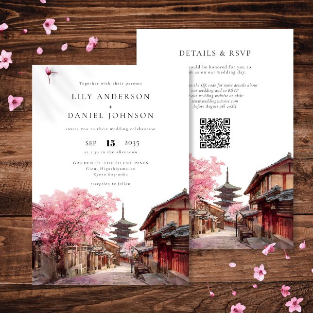 Convites Casamento Código QR Aquarela em Kyoto Japão (Kyoto Japan Watercolor QR Code Wedding Invitation)
