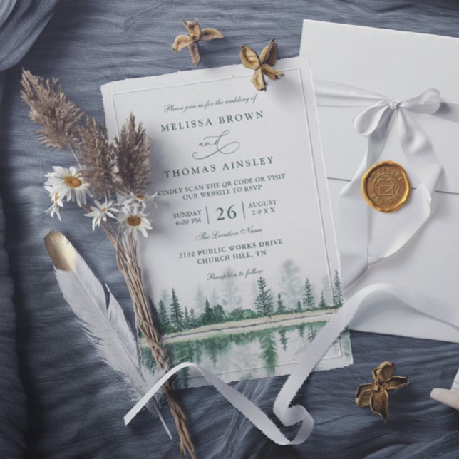 Convites Casamento Código QR Aquarela Floresta de Montanha  (Criador carregado)