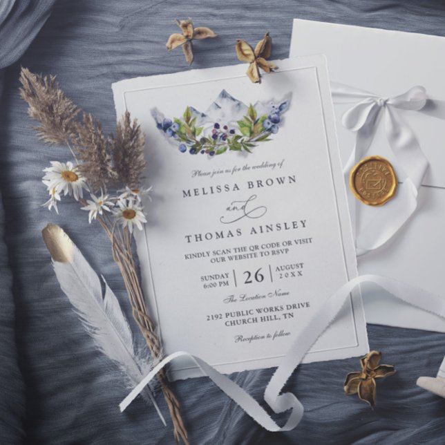 Convites Casamento Código QR Aquarela Floresta Montanhas Rú (Criador carregado)
