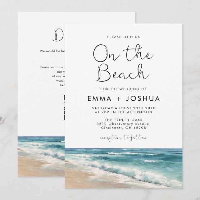 Convites Casamento Código QR Aquarela Moderna na Praia (Frente/Verso)