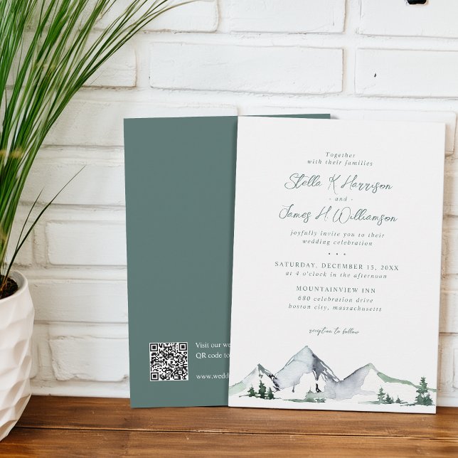 Convites Casamento Código QR Aquarela Montanhas Rústicas (Rustic Mountains Watercolor QR Code Wedding Invitation)