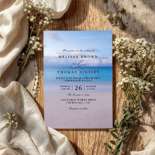 Convites Casamento Código QR Aquarela Oceano Praia Elegante