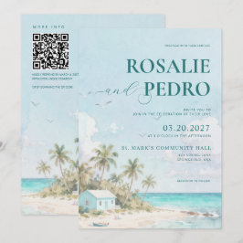 Convites Casamento Código QR Aquarela Praia Verão Azul
