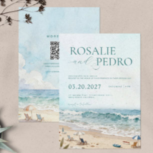 Convites Casamento Código QR Aquarela Praia Verão Céu Azul