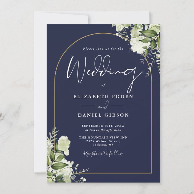 Convites Casamento Código QR Arco Dourado Verde Azul Naval (Frente)