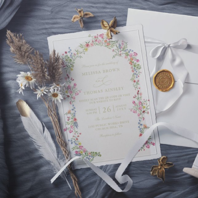 Convites Casamento Código QR Arco Floral Romântico Delicado (Criador carregado)