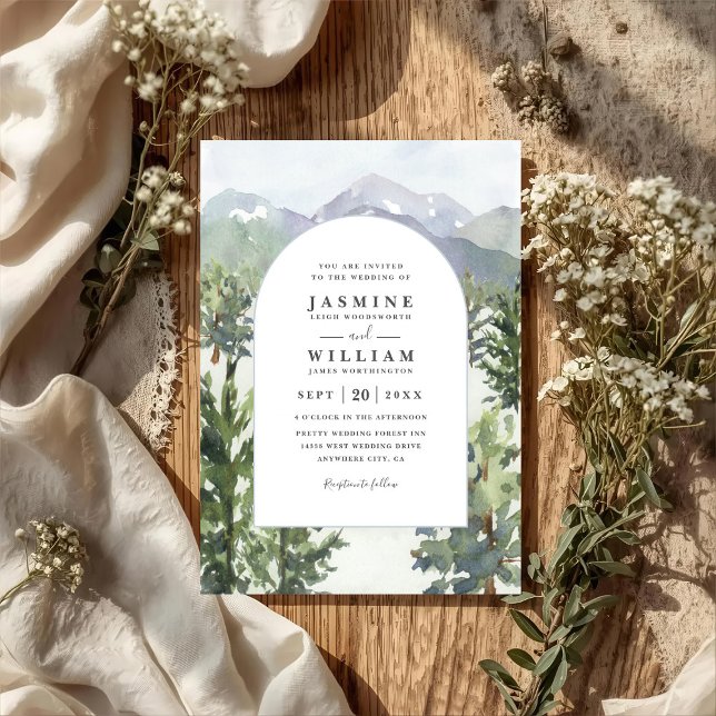 Convites Casamento Código QR Arco Floresta Montanha Aquarel (Criador carregado)