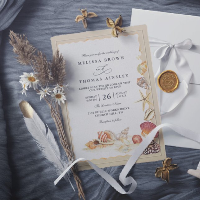 Convites Casamento Código QR Areia do Mar Praia Conchas Ele (Criador carregado)
