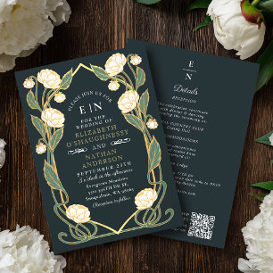 Convites Casamento Código QR Art Nouveau Peônia Branca Eleg