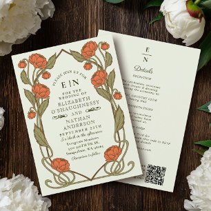 Convites Casamento Código QR Arte Nova Coral Peônia Elegant