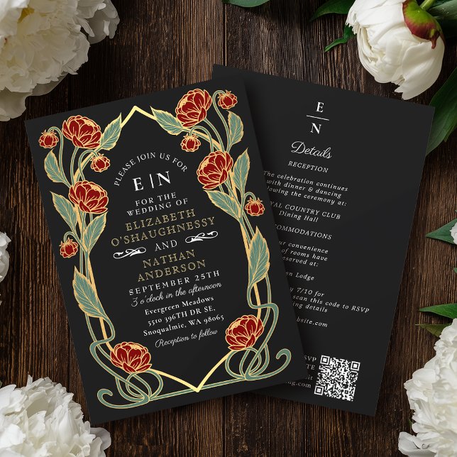 Convites Casamento Código QR Arte Nova Peônia Vermelha Eleg (Criador carregado)