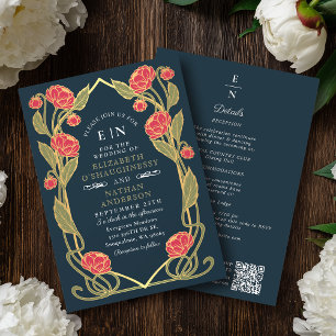 Convites Casamento Código QR Arte Nova Rosa Elegante Peônia