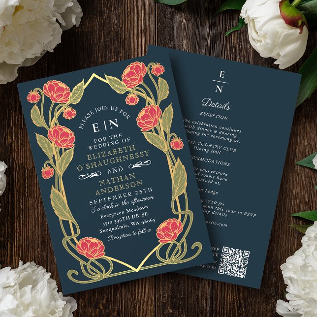 Convites Casamento Código QR Arte Nova Rosa Elegante Peônia (Criador carregado)