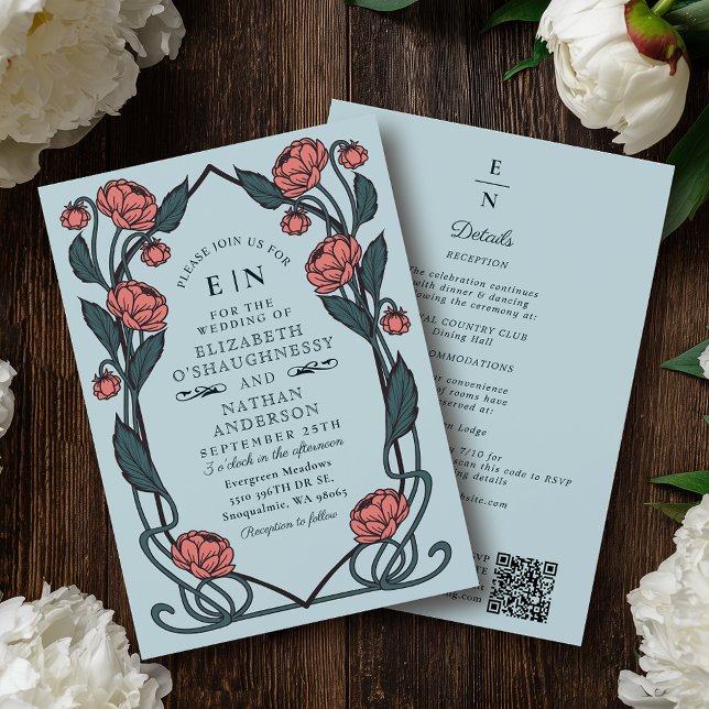 Convites Casamento Código QR Arte Nova Rosa Elegante Peônia (Criador carregado)