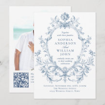 Casamento Código QR Azul Empoeirado Floral Ornamen