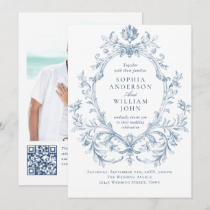 Convites Casamento Código QR Azul Empoeirado Floral Ornamen