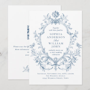 Convites Casamento Código QR Azul Empoeirado Floral Vitoria