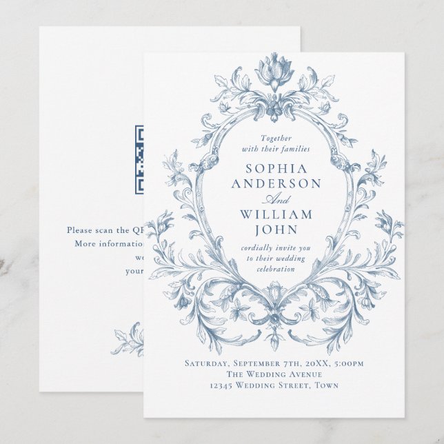 Convites Casamento Código QR Azul Empoeirado Floral Vitoria (Frente/Verso)