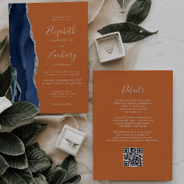Convites Casamento Código QR Azul Marinho Ágata Prata Ferru