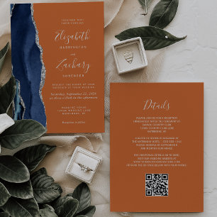 Convites Casamento Código QR Azul Marinho Ágata Prata Ferru