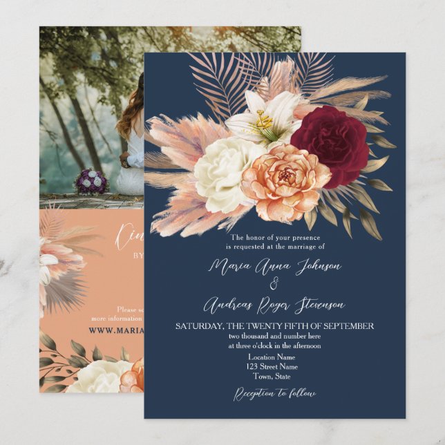 Convites Casamento Código QR Azul Marinho Borgonha (Frente/Verso)