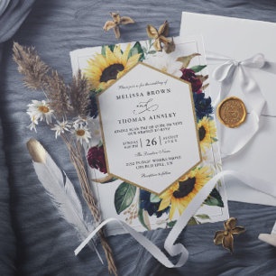Convites Casamento Código QR Azul Marinho Borgonha Girassol