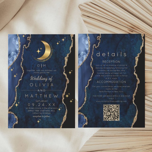 Convites Casamento Código QR Azul Marinho Celestial Tempera (Criador carregado)