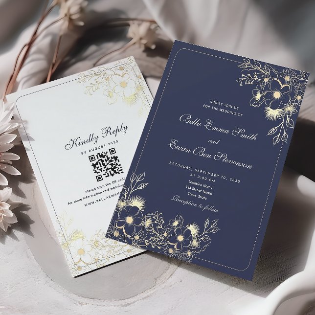 Convites Casamento Código QR Azul Marinho Clássico Dourado (Criador carregado)