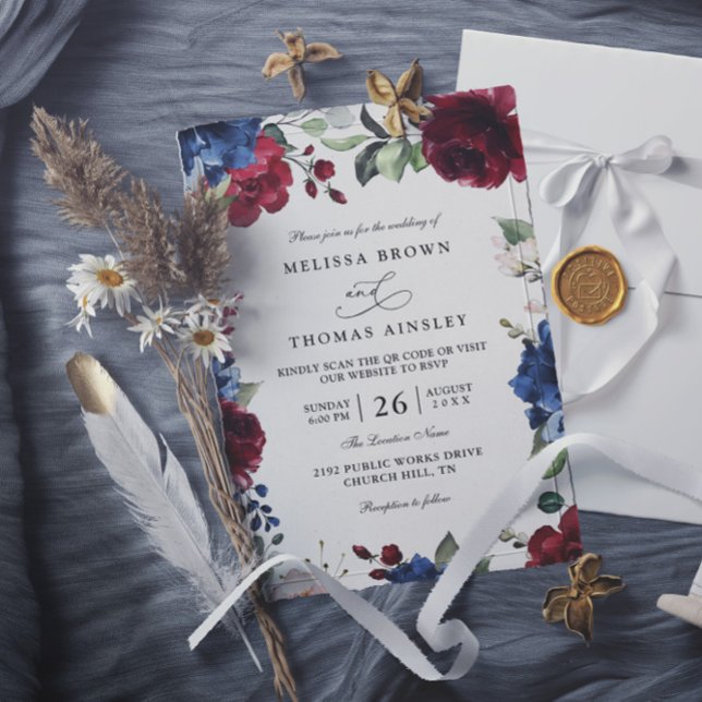 Convites Casamento Código QR Azul Marinho e Burgundy Blush  (Criador carregado)