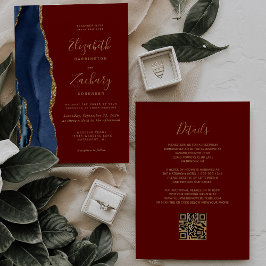 Convites Casamento Código QR Azul Naval Ágata Dourada Burgu
