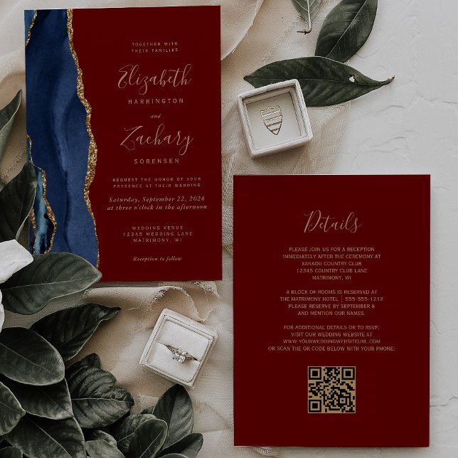 Convites Casamento Código QR Azul Naval Ágata Dourada Burgu (Criador carregado)