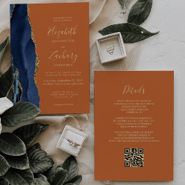 Convites Casamento Código QR Azul Naval Ágata Dourada Laran